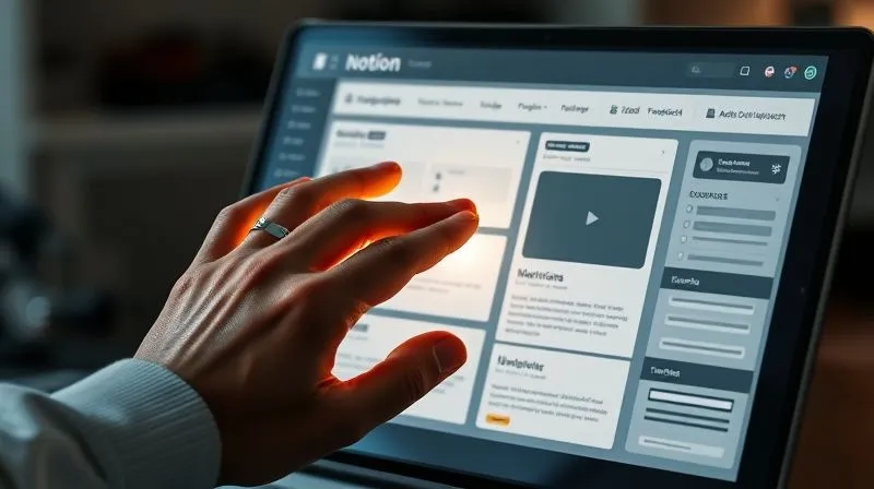 Photorealistic image of a freelancer's hands interacting with a Notion template being duplicated, showing pre-filled sections for a new project. A subtle glow emanates from the screen, indicating efficiency and automation. Cinematic lighting, sharp focus on the hands and screen, 8K, professional photography.