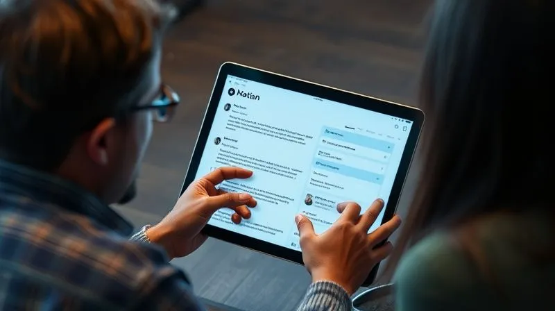 Photorealistic image of a client and a freelancer collaborating on a Notion page displayed on a tablet, with comment bubbles and highlighted sections. The scene suggests clear communication and shared understanding. Cinematic lighting, sharp focus on the tablet and interactions, 8K, professional photography.