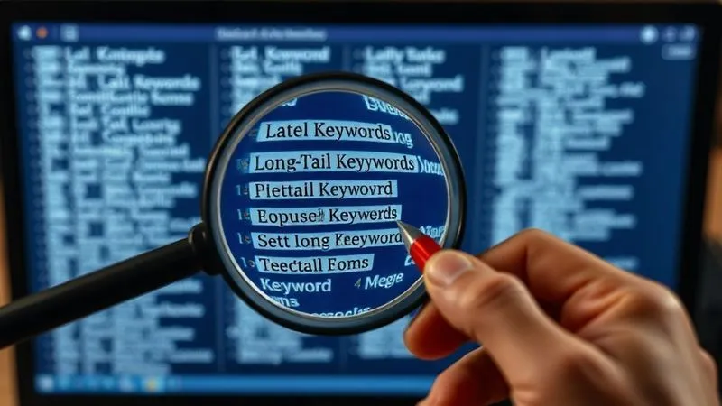 A photorealistic close-up of a magnifying glass hovering over a detailed list of long-tail keywords on a computer screen, with a hand holding a red pen circling the most relevant ones. The scene is set in a focused, professional workspace, cinematic lighting, sharp focus on the keywords, depth of field, 8K, professional photography.