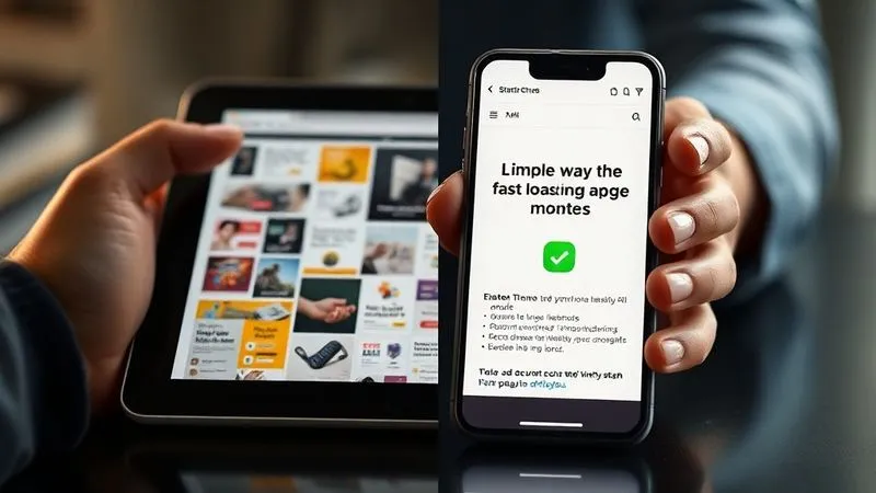 A photorealistic split image: on one side, a cluttered, slow-loading website on a tablet; on the other, a clean, fast-loading, highly relevant landing page on a smartphone, with a green checkmark. The contrast highlights efficiency. Cinematic lighting, sharp focus, depth of field, 8K, professional photography.