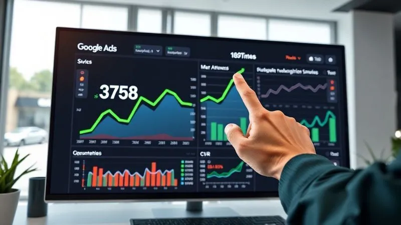 A photorealistic dashboard displaying Google Ads performance metrics (CPA, ROAS, CTR, CVR) on a large monitor, with a hand pointing to a rising green graph, symbolizing successful optimization. The setting is a clean, modern analytics room, cinematic lighting, sharp focus on the dashboard, depth of field, 8K, professional photography.