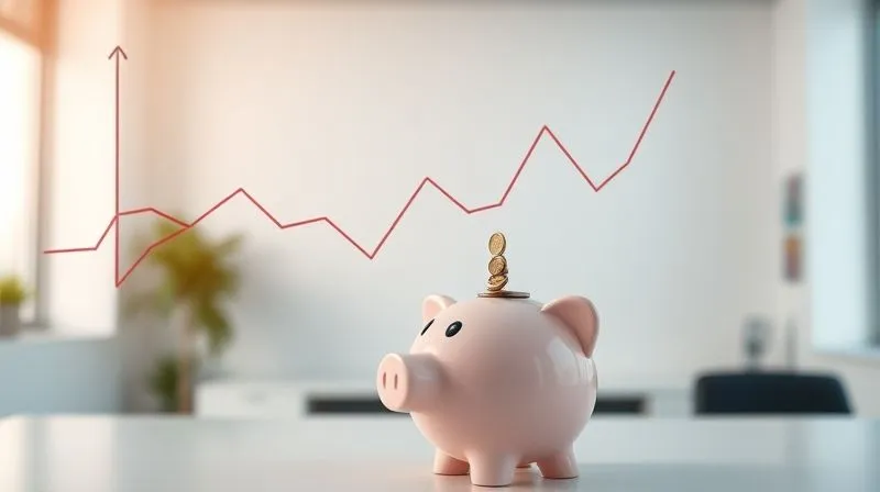 A photorealistic image of a line graph showing a highly volatile financial curve, with sharp peaks and valleys, representing irregular freelancer income. Below the graph, a hand is placing small, consistent coins into a piggy bank, symbolizing steady saving and investment despite the fluctuations. The background is a clean, modern office space with soft, cinematic lighting. Sharp focus on the graph and hand, with a shallow depth of field. 8K hyper-detailed, professional photography, shot on a high-end DSLR.