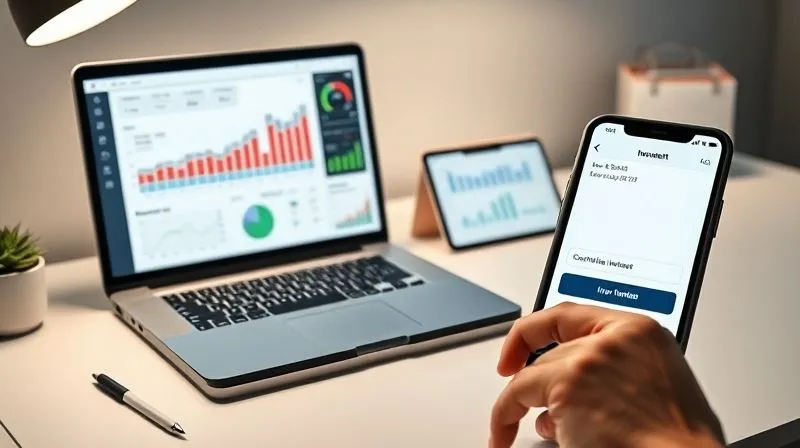 A photorealistic image of a modern, minimalist desk setup. On the desk, there's a laptop displaying a financial dashboard with various charts and graphs, a tablet showing a budgeting app, and a smartphone with an investment app open. A hand is about to click on a 'confirm investment' button. The scene is well-lit with soft, focused cinematic lighting, highlighting the digital interfaces. In the background, a subtle representation of a calendar or planner indicates organization. Sharp focus on the devices, with a shallow depth of field. 8K hyper-detailed, professional photography, shot on a high-end DSLR.