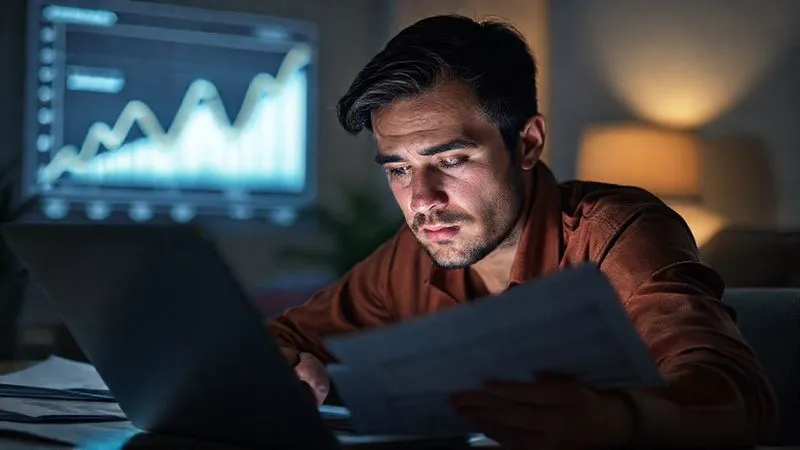 A photorealistic image of a lone freelancer working late at night, looking tired but determined, surrounded by project documents and a laptop, with a subtle glow of a financial chart in the background, symbolizing hidden financial struggles. Cinematic lighting, sharp focus on the freelancer's face, depth of field. Professional photography, 8K hyper-detailed.
