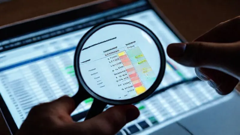 A photorealistic image of a hand holding a magnifying glass over a complex financial spreadsheet on a laptop screen, highlighting different colored cells representing KPIs like profit margin, utilization rate, and customer acquisition cost. Cinematic lighting, sharp focus on the spreadsheet, depth of field. Professional photography, 8K hyper-detailed.