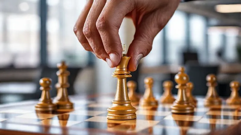 A photorealistic image of a freelancer's hand strategically moving a chess piece (a knight) on a chessboard, with a blurred background showing a modern office setting. The chess piece represents a strategic business decision based on data, symbolizing the optimization of KPIs. Cinematic lighting, sharp focus on the chessboard, depth of field. Professional photography, 8K hyper-detailed.