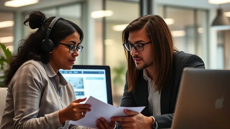 A photorealistic image of two professionals, one a freelancer and the other a client, engaged in a focused video call, with a digital presentation visible on their screens. They are actively listening and taking notes, with a sense of mutual understanding and collaboration. Cinematic lighting, sharp focus on their expressions, depth of field blurring the background offices. 8K hyper-detailed, shot on a high-end DSLR, conveying a productive and attentive pre-onboarding meeting.