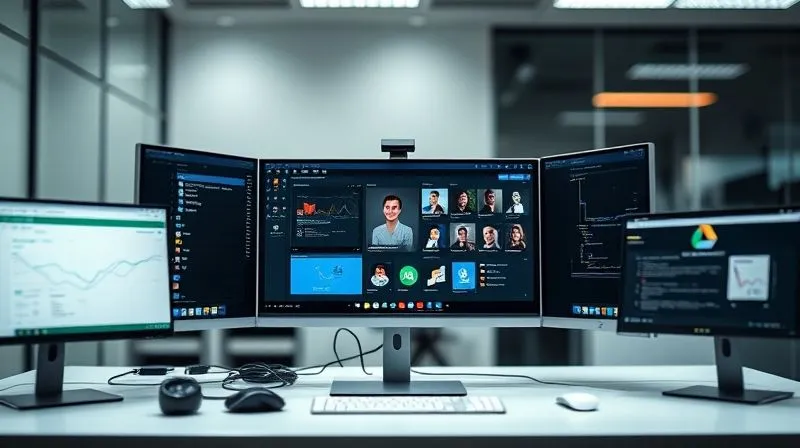 A photorealistic image of a sleek, modern desktop setup featuring multiple screens displaying various collaboration tools like Asana, Slack, and Google Drive, all interconnected. The scene exudes efficiency and organization, with cinematic lighting highlighting the digital interface and a sharp focus on the central monitor. Depth of field subtly blurs a minimalist office background. 8K hyper-detailed, shot on a high-end DSLR, conveying seamless digital teamwork.