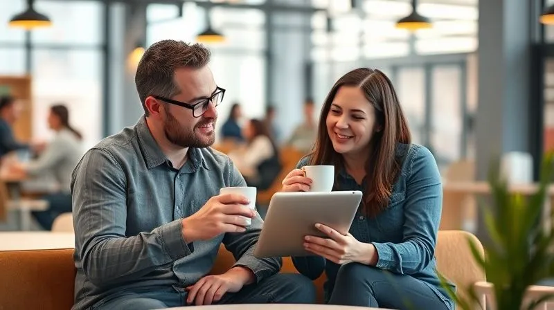 A photorealistic image of a freelancer and a client having a casual but focused conversation over coffee in a bright, modern co-working space, discussing project progress on a tablet. The atmosphere is collaborative and open, with genuine smiles. Cinematic lighting, sharp focus on their interaction, depth of field softly blurring the busy background. 8K hyper-detailed, shot on a high-end DSLR, conveying continuous engagement and positive client relationship management.