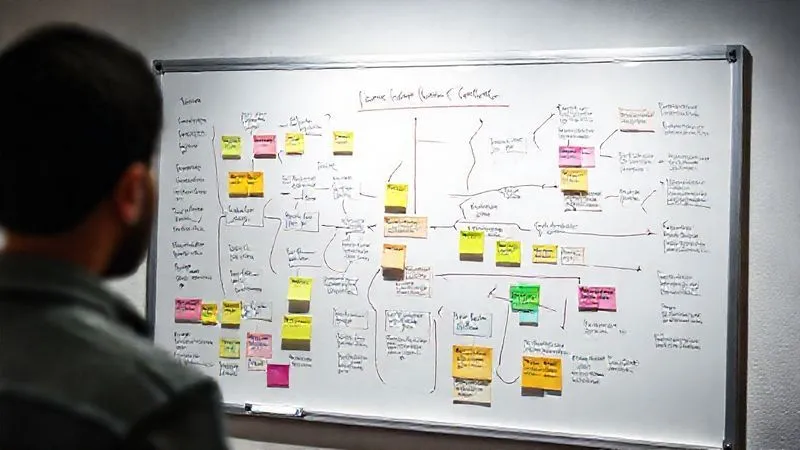 A photorealistic image of a whiteboard filled with a detailed, color-coded flowchart mapping a typical freelancer's workflow, with arrows indicating task progression and sticky notes highlighting bottlenecks. professional photography, 8K, cinematic lighting, sharp focus on the flowchart, depth of field, shot on a high-end DSLR.