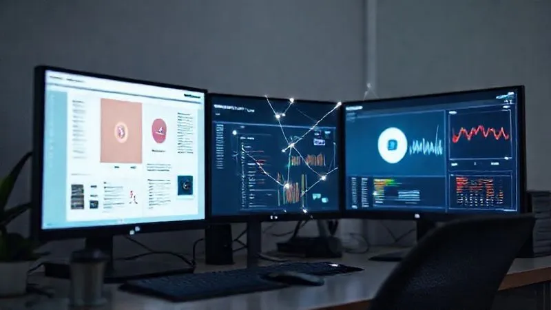 A photorealistic image of a freelancer's desk, clean and organized, with multiple screens displaying various productivity tools like Asana, Zapier, and a time tracker. A subtle glowing network of lines connects the tools, symbolizing automation. professional photography, 8K, cinematic lighting, sharp focus on the screens and desk, depth of field, shot on a high-end DSLR.