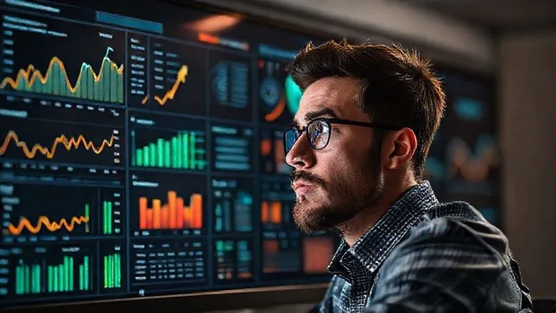 A photorealistic image of a freelancer looking thoughtfully at a dashboard with graphs and charts showing productivity metrics and areas for improvement, with a subtle 'growth' arrow pointing upwards. professional photography, 8K, cinematic lighting, sharp focus on the data, depth of field, shot on a high-end DSLR.