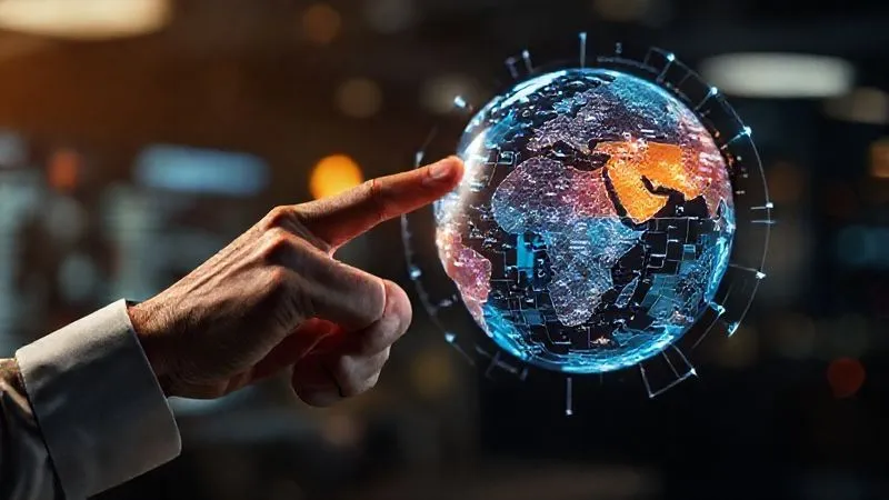 A photorealistic image of a digital marketer's hand pointing at a complex, illuminated holographic globe, with different regions highlighted, representing precise audience segmentation across various online platforms. The background shows blurred data visualizations, cinematic lighting, sharp focus, depth of field, 8K hyper-detailed, professional photography, shot on a high-end DSLR.