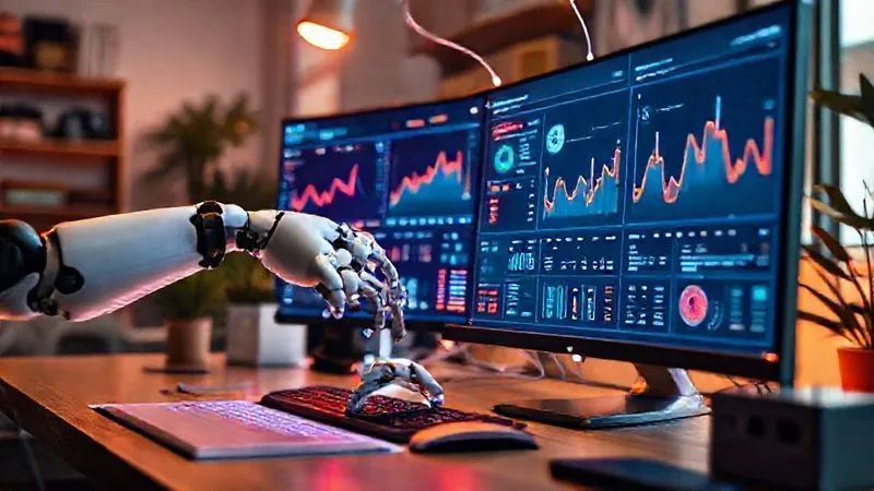 A photorealistic, futuristic depiction of a freelancer's workspace, where various digital tools and dashboards are interconnected by glowing lines, symbolizing automation. A robotic arm gently clicks a mouse on a large monitor showing analytics. Cinematic lighting, sharp focus on the interconnected elements, depth of field blurring a cozy, modern office, 8K hyper-detailed, professional photography, shot on a high-end DSLR, conveying efficiency and innovation.