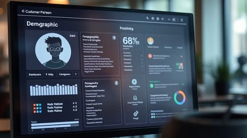 A photorealistic image of a detailed customer persona profile on a digital screen, showing demographic data, psychographic traits, and online behaviors. The screen is subtly glowing, reflecting on a freelancer's thoughtful face, cinematic lighting, sharp focus on the persona details, depth of field blurring a modern office background. Professional photography, 8K, shot on a high-end DSLR.