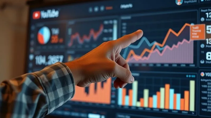 Photorealistic image of a freelancer's hand pointing at a complex digital dashboard showing YouTube ad metrics with upward trends, symbolizing growth and understanding. Cinematic lighting, sharp focus on the hand and screen, depth of field blurring the background, 8K hyper-detailed.