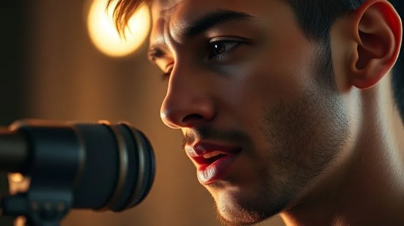 A photorealistic close-up of a freelancer's face, mid-sentence, speaking confidently into a professional microphone, with a soft blur of a YouTube interface in the background. The lighting is warm and inviting, highlighting sincerity and expertise. 8K, cinematic lighting, sharp focus, depth of field.
