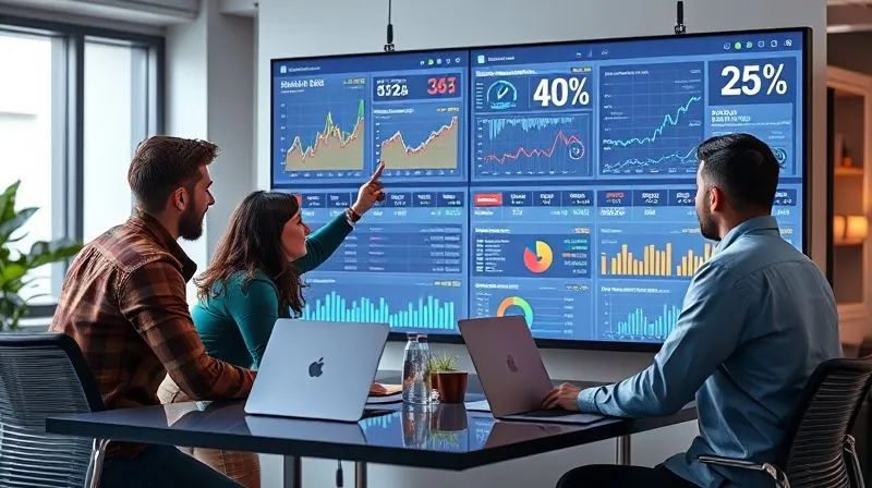 Photorealistic image of a diverse team of freelancers collaborating around a large monitor displaying complex data visualizations and charts, with one person pointing to a key metric. The scene is vibrant, professional, and suggests strategic analysis. Cinematic lighting, sharp focus, 8K, depth of field.