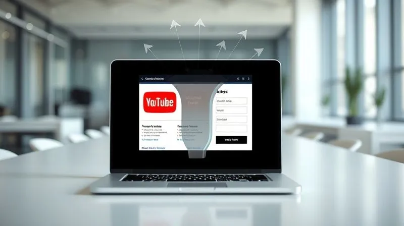 Photorealistic image of a clear, modern conversion funnel diagram overlaid on a laptop screen showing a YouTube ad, with digital arrows flowing from the ad into a form on a landing page. The background is a clean, professional office. 8K, cinematic lighting, sharp focus, depth of field.