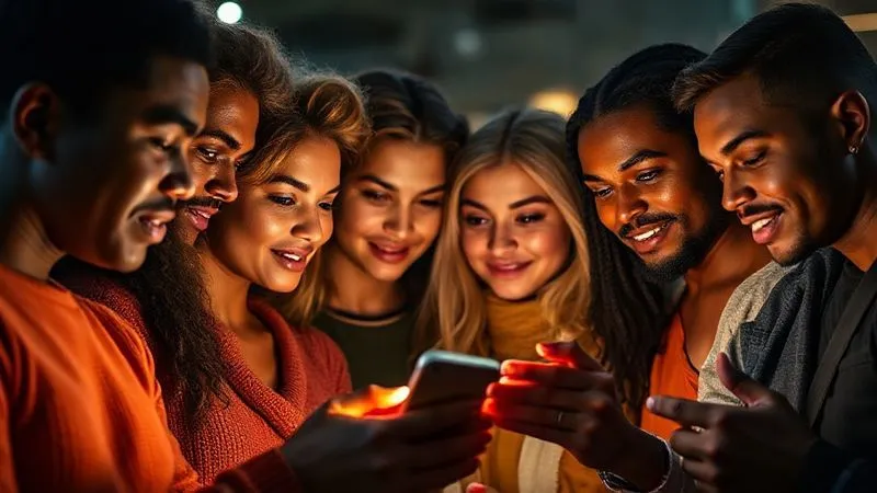 A photorealistic image of a diverse group of people, representing a target audience, looking intently at a glowing smartphone screen, cinematic lighting, sharp focus on their expressions of engagement. 8K hyper-detailed, professional photography, shot on a high-end DSLR.
