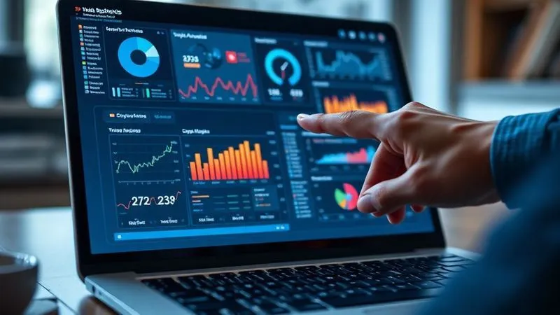 A photorealistic image of a complex dashboard on a laptop screen, displaying various app analytics (graphs, charts, KPIs) with a freelancer's hand pointing at a key metric. Cinematic lighting, sharp focus on the data, depth of field blurring the background. 8K hyper-detailed, professional photography, shot on a high-end DSLR.