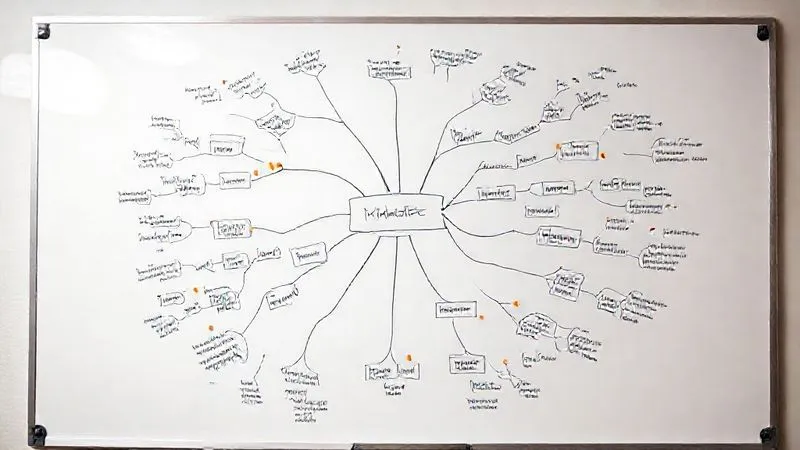 Photorealistic image of a complex mind map drawn on a whiteboard, with different colored markers connecting various tasks and projects, showing a clear, organized structure. Cinematic lighting, sharp focus, depth of field, 8K hyper-detailed, professional photography, shot on a high-end DSLR.
