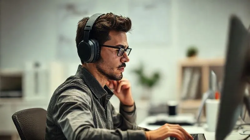 Photorealistic image of a freelancer in deep concentration, wearing noise-canceling headphones, seated at a clean, organized desk. The background is softly blurred, emphasizing focus. Cinematic lighting, sharp focus on the person, depth of field, 8K hyper-detailed, professional photography, shot on a high-end DSLR.