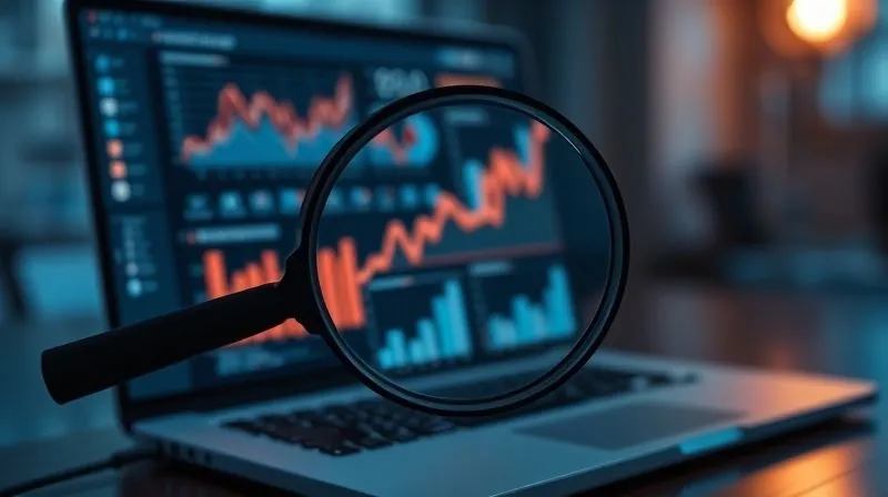 A photorealistic, professional photography, 8K image of a magnifying glass hovering over complex digital marketing analytics on a laptop screen, with charts and data highlighted, cinematic lighting, sharp focus on the details, depth of field blurring the background, shot on a high-end DSLR.