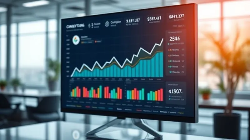 A photorealistic, professional photography, 8K image of a clear, dynamic analytics dashboard on a large monitor, displaying key performance indicators (KPIs) like conversion rates, ROI, and CPC in an easy-to-understand format. The data is trending upwards, symbolizing success. Cinematic lighting, sharp focus on the dashboard, depth of field blurring a modern office background, shot on a high-end DSLR.