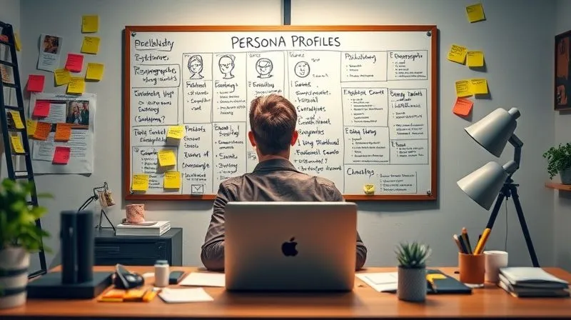 A photorealistic image of a creative freelancer sitting at a desk, surrounded by sticky notes and a large whiteboard filled with detailed persona profiles, including demographics, psychographics, pains, and gains. Cinematic lighting, sharp focus on the whiteboard, depth of field blurring the background, 8K hyper-detailed, professional photography.