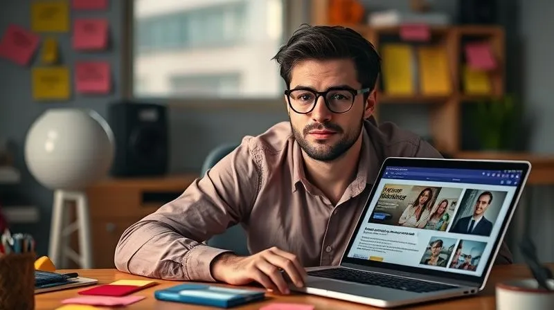 A photorealistic image of a creative freelancer sitting at a desk, surrounded by sticky notes with catchy headlines and calls to action, digital tools open on a laptop showing ad mockups. Cinematic lighting, sharp focus on the freelancer's face, depth of field blurring the background, 8K hyper-detailed, professional photography.