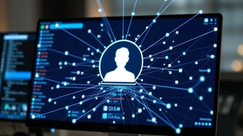 A photorealistic image of a digital web of connections forming around a potential client's profile on a computer screen, with small, targeted ad icons strategically placed. Cinematic lighting, sharp focus on the interconnected web, depth of field blurring the background, 8K hyper-detailed, professional photography.