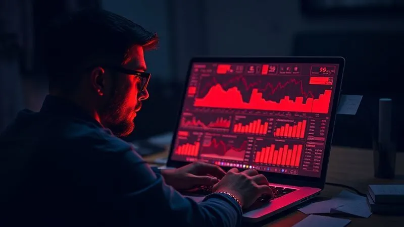 A photorealistic, professional photography, 8K, cinematic lighting, sharp focus, depth of field, shot on a high-end DSLR. Image shows a freelancer looking overwhelmed at a laptop screen filled with complex, red-colored analytics charts and scattered, disorganized notes, symbolizing confusion and financial loss in digital advertising. The room is dimly lit, emphasizing the struggle.