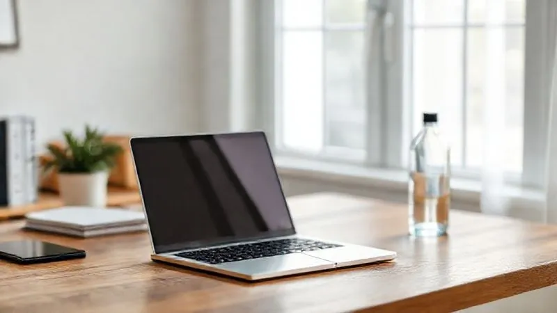 A photorealistic, professional photography shot of a minimalist, clean home office desk setup. A laptop is open on a wooden desk, with only a small plant and a water bottle visible. The background is softly blurred, showing a window with natural light. The scene conveys calm, focus, and organization. 8K, cinematic lighting, sharp focus, depth of field, shot on a high-end DSLR.