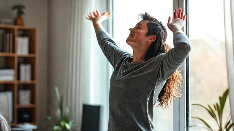 A photorealistic, professional photography shot of a person taking a mindful break from work. They are standing up, stretching gently, looking out a window with a serene expression. The light is soft and natural, emphasizing a moment of calm and rejuvenation. The background subtly suggests a home office. 8K, cinematic lighting, sharp focus, depth of field, shot on a high-end DSLR.