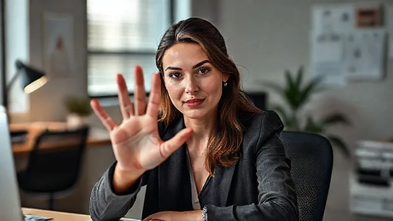 A photorealistic, professional photography shot of a confident female freelancer asserting boundaries. She is sitting at her desk, looking directly at the camera with a calm, firm expression, holding up one hand in a subtle 'stop' gesture. The background shows a professional, organized workspace. The image conveys professionalism, self-respect, and control. 8K, cinematic lighting, sharp focus, depth of field, shot on a high-end DSLR.