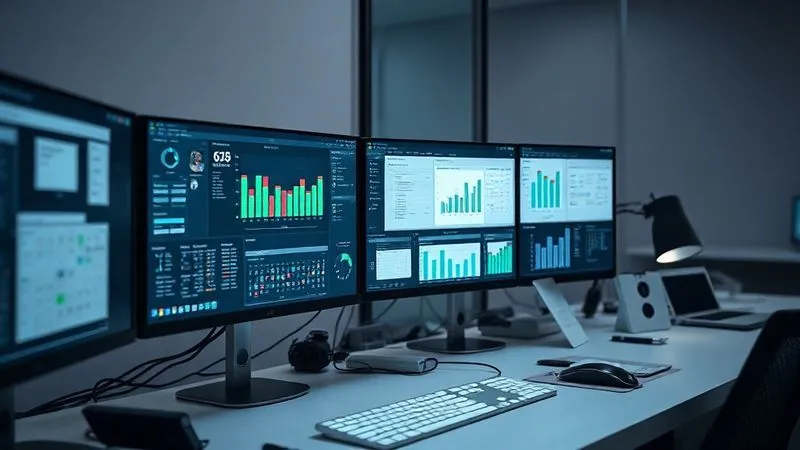 A photorealistic image of a sleek, modern workstation with multiple screens displaying workflow automation software, project management dashboards, and a calendar with recurring tasks, cinematic lighting, sharp focus on the screens and a minimalist desk setup, depth of field, 8K hyper-detailed, shot on a high-end DSLR.