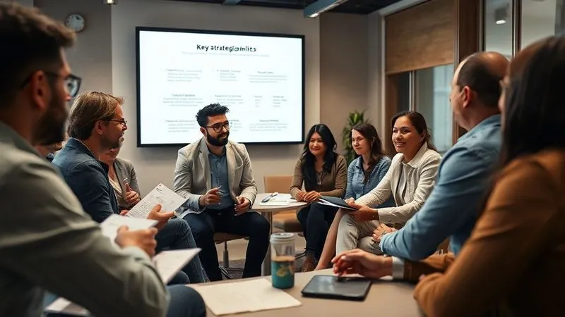 A photorealistic image of a diverse group of entrepreneurs in a modern, well-lit conference room, actively participating in a group coaching session led by an experienced mentor. They are engaged, taking notes, and discussing, with a large screen displaying key strategic points in the background. Cinematic lighting, sharp focus on the group dynamics and the mentor, depth of field, 8K hyper-detailed, shot on a high-end DSLR.