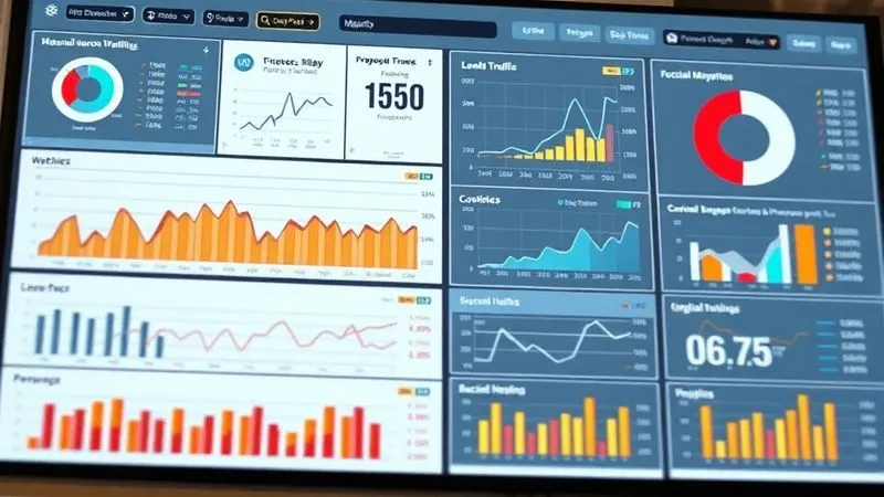 A photorealistic image of a complex digital marketing dashboard showing various metrics like website traffic, lead conversions, and social media engagement, with a focus on SEO performance charts indicating organic growth. The dashboard is clean, modern, and displays actionable insights, cinematic lighting, sharp focus on the data visualization, depth of field, 8K hyper-detailed, shot on a high-end DSLR.