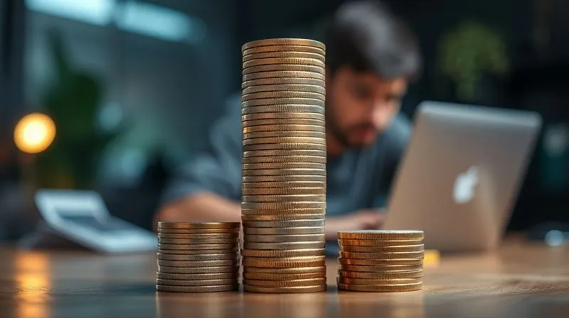 A photorealistic image of a stack of coins meticulously arranged into a sturdy pyramid, symbolizing a strong financial foundation. In the background, a blurred image of a busy freelancer working, with cinematic lighting highlighting the coins. Sharp focus on the coin stack, depth of field blurring the background. 8K hyper-detailed, professional photography, shot on a high-end DSLR.