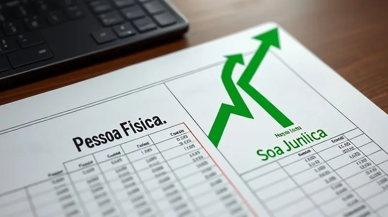 A photorealistic image of two diverging paths on a financial spreadsheet, one labeled 'Pessoa Física' with rising red arrows, and the other 'Pessoa Jurídica' with stable green arrows, symbolizing financial choices. Cinematic lighting, sharp focus, 8K, shot on high-end DSLR.