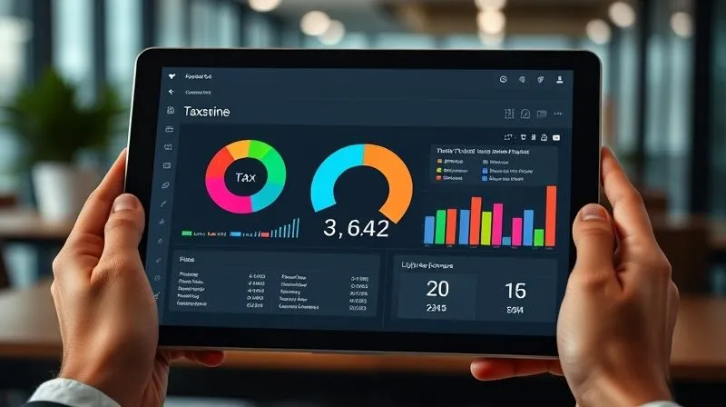 A photorealistic image of a financial dashboard on a tablet, showing a pie chart with a large slice dedicated to 'Tax Reserve' and other slices for 'Investments' and 'Living Expenses'. The screen is held by hands, with a blurred background of a modern office. Cinematic lighting, sharp focus, 8K, shot on high-end DSLR.