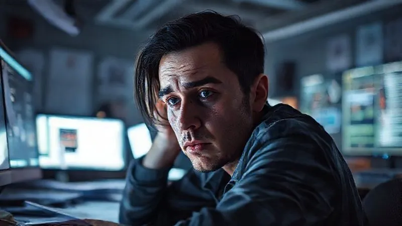 A photorealistic image of a freelancer looking exhausted and overwhelmed at a desk piled with papers and glowing screens, dark circles under their eyes, cinematic lighting, sharp focus, depth of field, 8K hyper-detailed, professional photography.