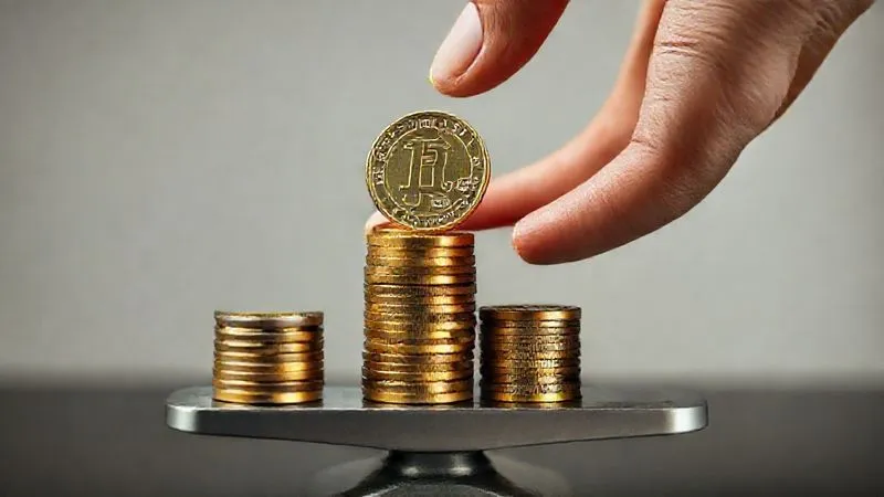 A photorealistic image of a hand placing a higher-value coin on a scale, balancing against a stack of smaller coins, symbolizing value-based pricing over volume. Cinematic lighting, sharp focus, depth of field, 8K hyper-detailed, professional photography.