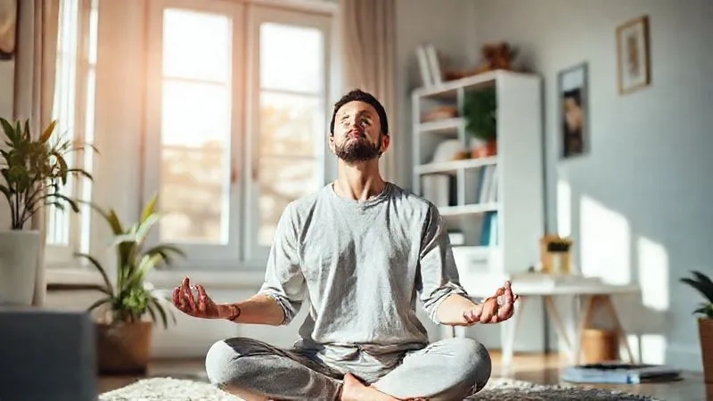 A photorealistic image of a serene freelancer meditating or taking a mindful break in a minimalist, sunlit home office, emphasizing work-life balance and mental well-being. Cinematic lighting, sharp focus, depth of field, 8K hyper-detailed, professional photography.