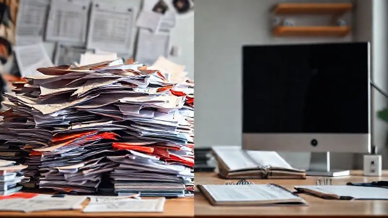 Photorealistic image depicting a freelancer's desk. On one side, a chaotic pile of papers, multiple open browser tabs, and a stressed expression on a blurred figure's face. On the other side, a clean, minimalist setup with an organized planner, a single focused screen, and a calm, confident freelancer silhouette. Cinematic lighting, 8K, sharp focus on the contrast, depth of field.