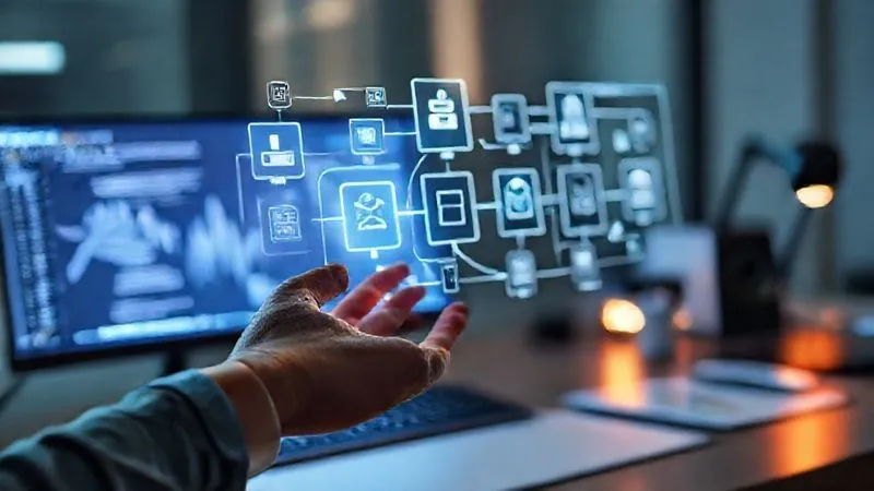 Photorealistic image of a futuristic, minimalist desk setup, where a human hand interacts with a holographic interface displaying workflow automation flows, connecting various app icons with glowing lines. The background is slightly blurred, showing data visualizations. Professional photography, 8K, cinematic lighting, sharp focus on the hand and interface, depth of field.