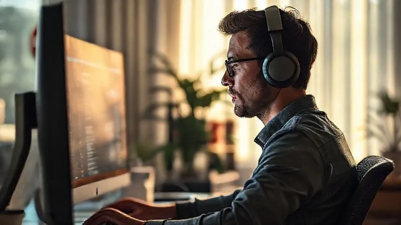 Photorealistic image of a person working in a quiet, modern home office, wearing noise-canceling headphones, deeply focused on a complex task on a large monitor. Soft, natural light streams in, creating a calm atmosphere. A 'do not disturb' sign is subtly visible. Professional photography, 8K, cinematic lighting, sharp focus on the person's face and screen, depth of field.