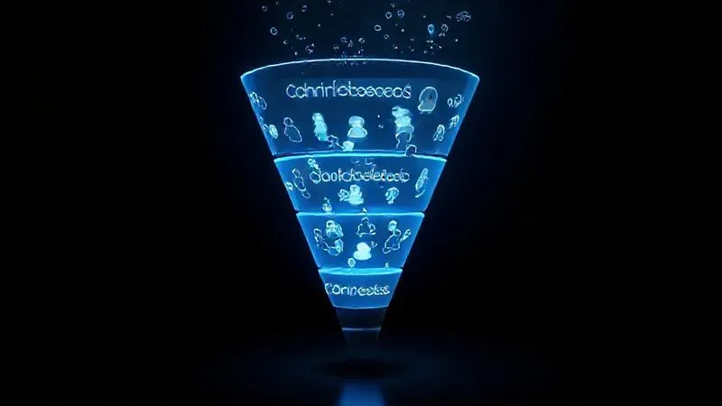 A photorealistic 3D rendering of a marketing funnel, with distinct layers labeled 'Conscientização', 'Consideração', 'Conversão'. Each layer contains small icons representing different customer personas and relevant keywords flowing through it. The funnel is glowing with a soft blue light, set against a dark, futuristic background. Cinematic lighting, sharp focus, depth of field. 8K hyper-detailed, professional photography.