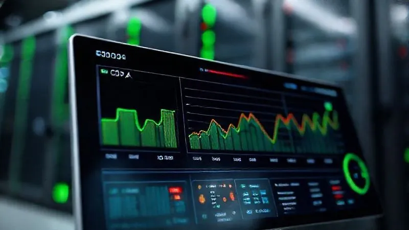 A photorealistic image of a sleek, modern digital dashboard displaying various marketing KPIs: CPA, CTR, CVR, ROAS. The numbers are dynamic and clearly visible, with some trending up in green and and others down in red, indicating successful optimization. The dashboard is in sharp focus, with a blurred background of a data center or server racks, suggesting advanced analytics and powerful data processing. Cinematic lighting, 8K hyper-detailed, professional photography.